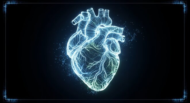 Detailed digital rendering of a human heart with veins and arteries, concept for medical technology presentations, educational healthcare visualizations and cardiology research graphics