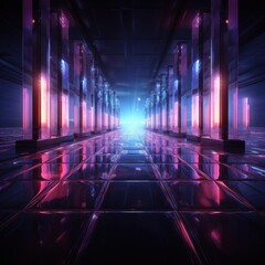 Poster - Navigate Futuristic Corridor with Glowing Pillars and Reflection, Abstract Theme