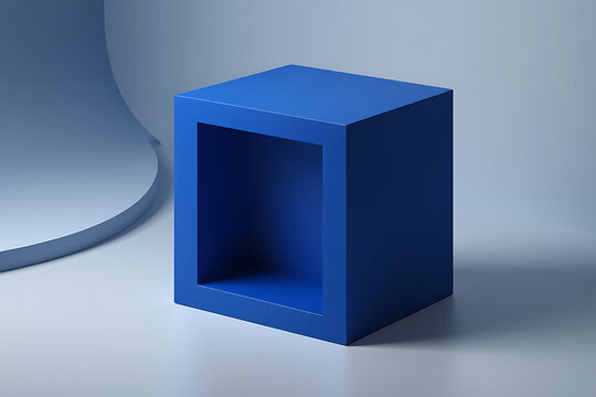 Blue Hollow Cube on a Light Blue Surface with Abstract Background Element