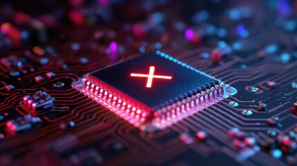 Poster - A close-up of a glowing microchip on a circuit board with illuminated pathways and components in a dark, high-tech setting.