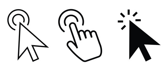 Fototapete - Click icon vector, Mouse pointer arrow, Computer click icon set. Computer mouse click cursor icon set. Hand click icon, arrow and mouse forms, vector illustration.