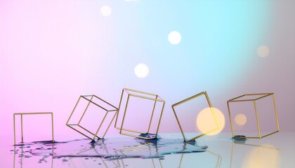 Poster - Abstract Geometric Composition with Gold Cubes on Liquid Surface and Gradient Background with Bokeh Lights Effect