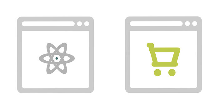 Modern website interface design: atom symbol and shopping cart icons.