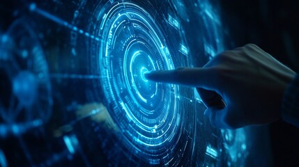 Futuristic interface finger touch, digital data swirls background, technology presentation