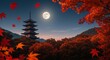 © Chanh2990 - A scene of autumn foliage in rich reds, oranges, and golds, with a classic Chinese pagoda silhouetted against a brilliant full moon. The leaves are gently falling, creating a sense of movement
