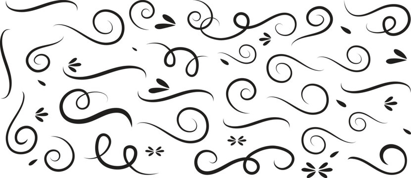 Swirl ornament stroke. Ornamental curls, swirls divider and filigree ornaments vector illustration set