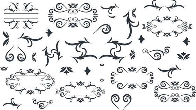 Swirl ornament stroke. Ornamental curls, swirls divider and filigree ornaments vector illustration set