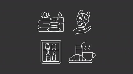 Poster - Hospitality services animation set. Hotel work animated white line icons. Pet care. Mini bar. Relaxation therapy, breakfast. Isolated elements on dark background. Alpha channel HD video