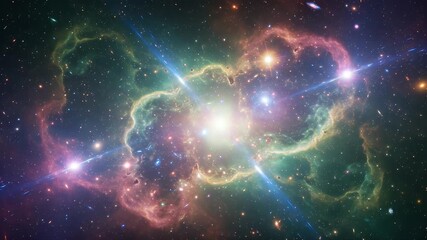 Wall Mural - A cosmic vista shows a nebula of swirling colors, with bright stars piercing through its gaseous clouds, set against a dark canvas