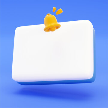 3D blank board with golden bell notification reminder isolated on blue background. Illustration for business planning events. yellow bell notification. Business, Social Media element. 3D Illustration