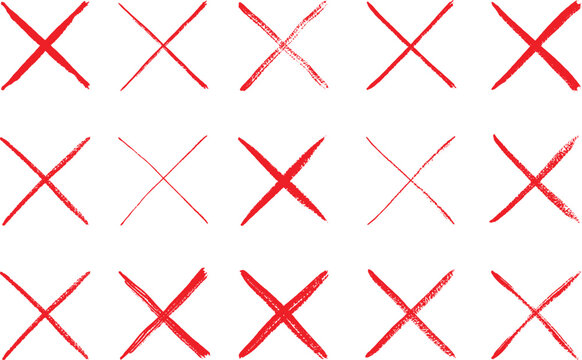 A collection of red cross marks, each rendered with a distinct brush stroke texture. Red cross marks painted with brush strokes vector.