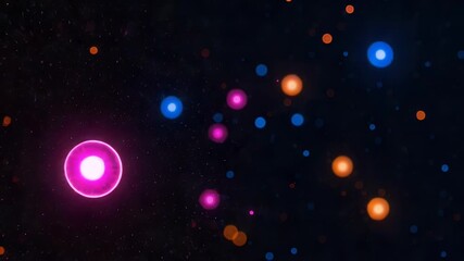 Wall Mural - A dark, space-like scene features radiating pink energy, surrounded by scattered, glowing orbs of blue, orange, and pink