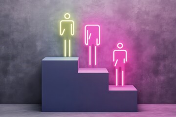 Poster - Neon figures on tiered platform.