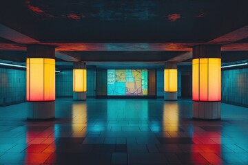 Poster - Vibrant underground passageway lit by colorful columns.