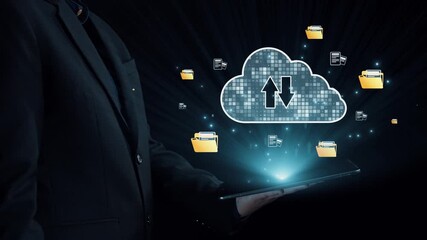 Poster - A businessman holds a tablet displaying a cloud computing graphic with folder icons. This image symbolizes modern data storage solutions, file management, and tech innovation. Qubit