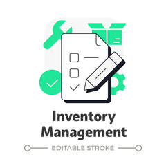 Poster - Inventory management flat outline concept icon. Forecasting production needs. Benefit of capacity regulation. Modern line illustration with green glyphs. Conceptual visual. Easy to edit