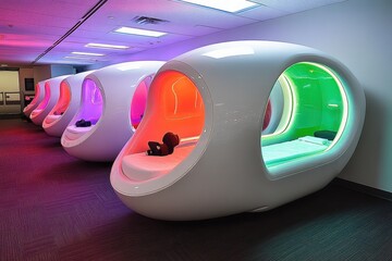 Poster - Modern relaxation pods lined up in a wellness center.
