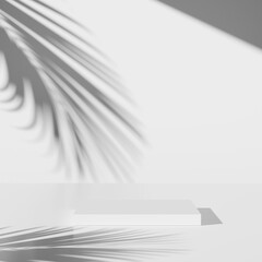 Fototapete - 3D Rendering. Minimalist White Product Display Podium with Tropical Palm Leaf Shadows on a Clean Wall