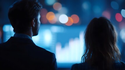 Poster - Silhouetted business professionals reviewing digital charts