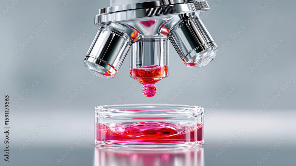 Liquid Microscope Microscope with glass slide is shown, featuring vibrant red liquid drop ...