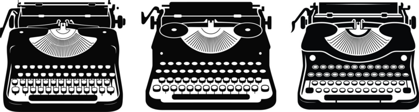 Black and white vector illustration of three antique typewriters in a row against white background