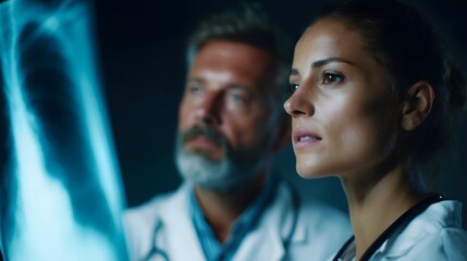 Poster - Doctors discussing a patient s case using an X ray on a light board in a diagnostic room with lighting