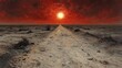 © JOKO STUDIO - Desolate Landscape A sun-drenched path disappearing into a barren, red-hued horizon under a fiery sunset sky