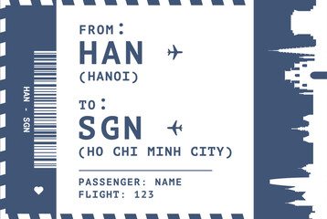 Hanoi - Ho Chi Minh City, Vietnam flight, luggage tag, boarding pass card. Vector illustration layout for infographic, postcard, sticker, print, promo with landmark shapes