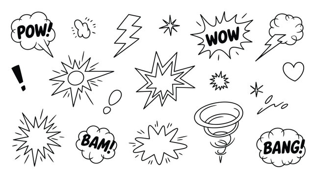Hand Drawn Comic Speech Bubbles and Comic Elements Set