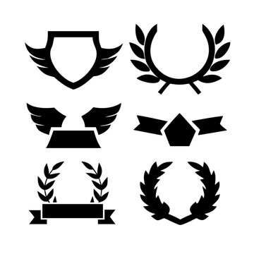 Vintage educational coat of arms set with university college and academy elements isolated vector illustration. Laurel wreaths, shields, ribbons illustration for awards,badges, and branding designs
