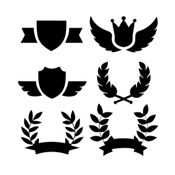Vintage educational coat of arms set with university college and academy elements isolated vector illustration. Laurel wreaths, shields, ribbons illustration for awards,badges, and branding designs
