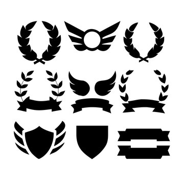 Vintage educational coat of arms set with university college and academy elements isolated vector illustration. Laurel wreaths, shields, ribbons illustration for awards,badges, and branding designs
