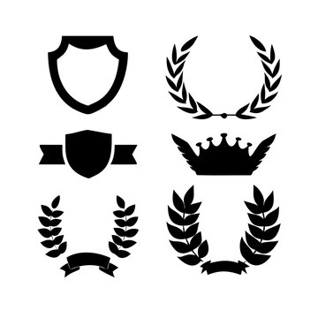 Vintage educational coat of arms set with university college and academy elements isolated vector illustration. Laurel wreaths, shields, ribbons illustration for awards,badges, and branding designs
