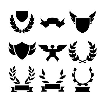 Vintage educational coat of arms set with university college and academy elements isolated vector illustration. Laurel wreaths, shields, ribbons illustration for awards,badges, and branding designs
