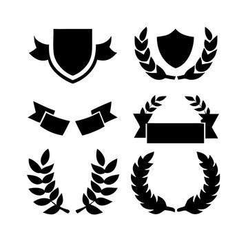 Vintage educational coat of arms set with university college and academy elements isolated vector illustration. Laurel wreaths, shields, ribbons illustration for awards,badges, and branding designs
