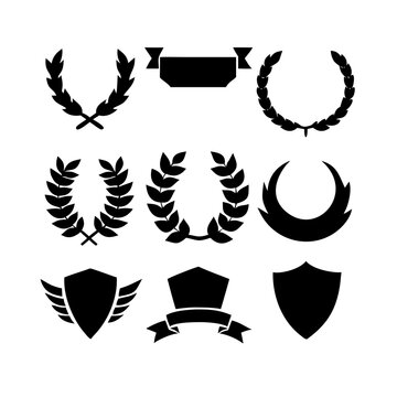 Vintage educational coat of arms set with university college and academy elements isolated vector illustration. Laurel wreaths, shields, ribbons illustration for awards,badges, and branding designs
