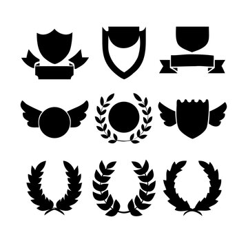 Vintage educational coat of arms set with university college and academy elements isolated vector illustration. Laurel wreaths, shields, ribbons illustration for awards,badges, and branding designs
