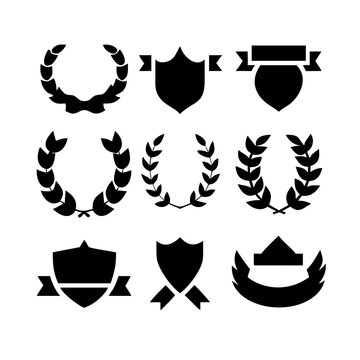 Vintage educational coat of arms set with university college and academy elements isolated vector illustration. Laurel wreaths, shields, ribbons illustration for awards,badges, and branding designs
