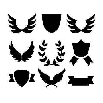 Vintage educational coat of arms set with university college and academy elements isolated vector illustration. Laurel wreaths, shields, ribbons illustration for awards,badges, and branding designs
