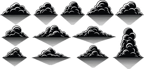 graphic set showcasing stylized black and white cloud illustrations, ideal for design elements and w