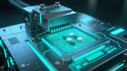 Poster - A laboratory setup showcases a high-tech circuit board featuring glowing elements. Several capsules are placed on a grid, highlighting advanced technology in action