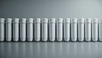 Poster - Rows of identical white cylindrical containers sit aligned on a reflective surface, showcasing a modern and clean aesthetic in a studio environment. The lighting highlights their smooth texture