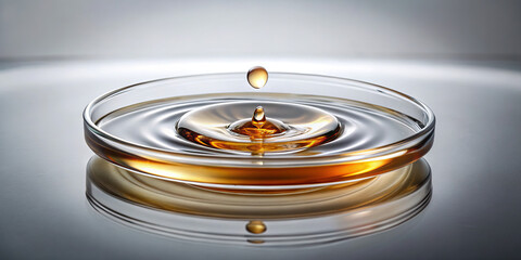 Poster - A droplet falls into a shallow dish filled with amber liquid, creating concentric ripples that spread outward. The smooth surface reflects light beautifully, enhancing the visual effect