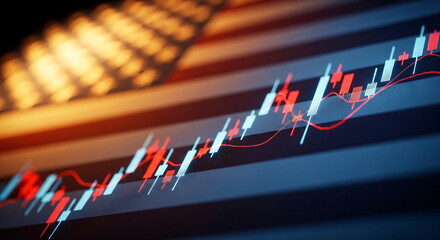 Poster - Financial market candlestick graph with rising red and blue trend lines over a blurred american flag background display.