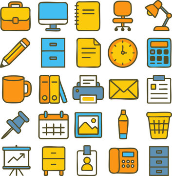 Colorful handdrawn office and business icons set Doodle style collection of workplace equipment and supplies with thick outlines.