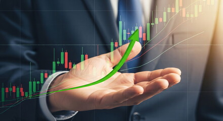 Poster - Man holding a rising green arrow symbolizing growth and success in business investment. Financial chart with candlestick pattern for trade.