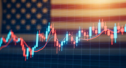 Poster - Stock market graph with candlestick chart on a blurred American flag background for financial investment and economic growth.