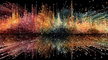 Poster - Abstract image with many colorful lines, and blurry dots on black background. Perfect for tech, data, networking, and abstract presentation backgrounds.