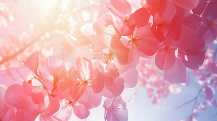 blooming tree branch with pink flowers and sunlight springtime background