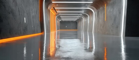 Poster - Empty futuristic tunnel with concrete walls and neon lights